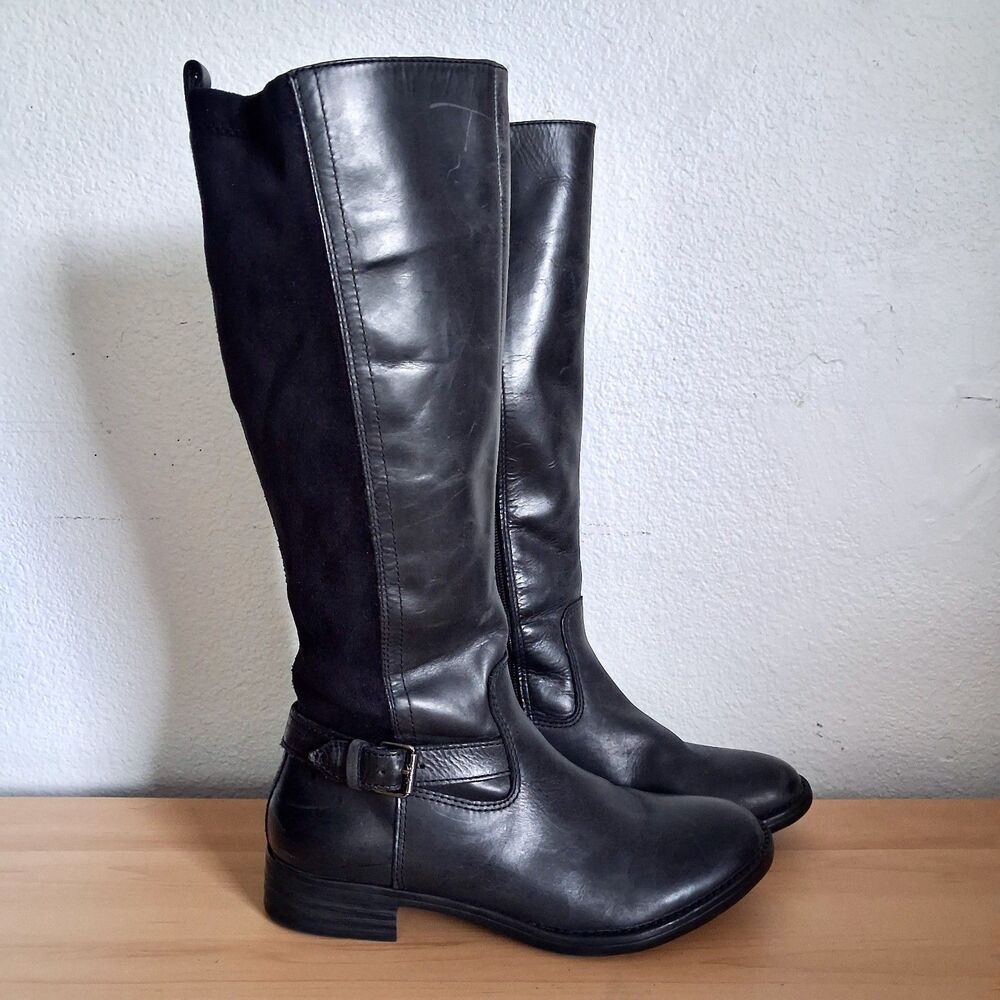 Bussola Black Leather Riding Boots Tall SZ 38 * 7-7.5 Suede Stretch Zip Trapani